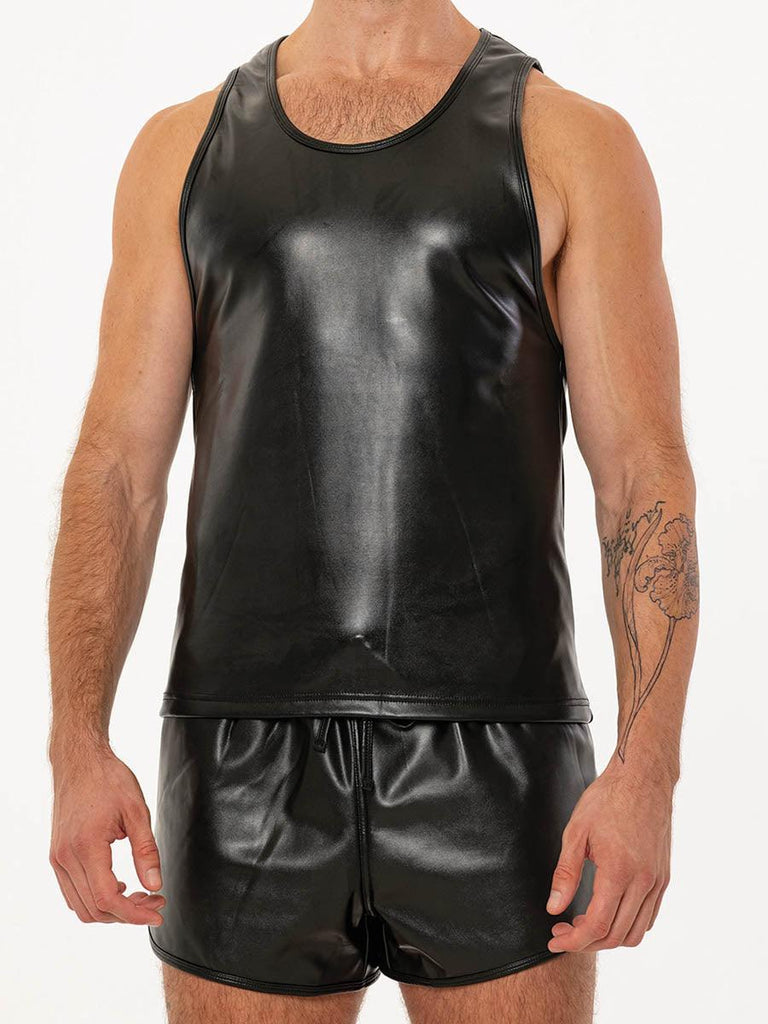 Mens Real Black Leather Sport TankTop Shirt Sleeveless Fitted